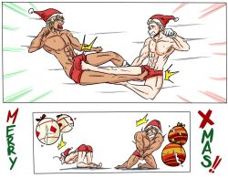 2boys ball_busting christmas_ornaments crotch_kick hat multiple_boys ocigart santa_hat