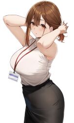 1girl absurdres black_skirt blush breasts brown_eyes brown_hair hair_tie highres holding lanyard large_breasts looking_at_viewer mole mole_on_armpit mole_under_eye office_lady ol-chan_(udon) original pencil_skirt shirt short_hair skirt sleeveless sleeveless_shirt solo udon_(udonalium)