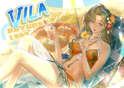 1girl :p bare_legs bikini blonde_hair blue_eyes blue_hairband breasts chair character_name cherry cocktail_glass cocktail_umbrella copyright_name cup deck_chair drink drinking_glass feet_out_of_frame flower folding_chair food fruit hair_flower hair_ornament hairband highres holding holding_cup holding_food holding_fruit jewelry jullian_sama long_hair looking_at_viewer lying medium_breasts mole mole_under_eye navel necklace official_alternate_costume on_back orange_bikini orange_flower orange_innertube red_flower reverse:1999 sand sarong scales solo swimsuit tongue tongue_out twitter_username vila_(by_the_painted_city)_(reverse:1999) vila_(reverse:1999) white_sarong