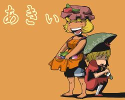 Rule 34 | 2girls, aki minoriko, aki shizuha, apple, apron, barefoot, black shorts, blonde hair, breasts, brown hat, closed eyes, commentary request, cucumber, dress, food, fruit, full body, green umbrella, hat, holding, holding umbrella, hot, large breasts, multiple girls, onikobe rin, open mouth, orange apron, orange background, radish, red dress, short hair, shorts, siblings, simple background, sisters, skirt basket, smile, squatting, standing, tomato, touhou, translation request, umbrella