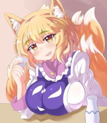absurdres alcohol animal_ears blonde_hair blue_tabard blush breasts cup dress fang fox_ears fox_girl fox_tail highres holding holding_cup large_breasts long_sleeves looking_at_viewer medium_hair multiple_tails sake schinfaxi1996 smile tabard tail touhou white_dress yakumo_ran yellow_eyes