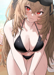 1girl :3 absurdres alternate_costume bare_arms bare_shoulders beach bikini black_bikini blush breasts brown_hair cleavage close-up closed_mouth commentary_request crossed_bangs darue day dot_nose downblouse eyewear_on_head girls&#039;_frontline girls&#039;_frontline_2:_exilium groin hair_between_eyes halterneck head-mounted_display head_tilt highres korean_commentary large_breasts leaning_forward lenna_(girls&#039;_frontline_2) long_hair looking_at_viewer navel ocean outdoors red_eyes sand solo spaghetti_strap string_bikini sunlight swimsuit thigh_gap thighs twintails ump9_(girls&#039;_frontline) water water_drop wet