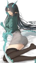 Rule 34 | 1girl, absurdres, alternate costume, arknights, black hair, black thighhighs, dragon girl, dusk (arknights), eastern dragon horns, eastern dragon tail, from side, green hair, green horns, green jacket, grey skirt, hair over one eye, highres, horns, hrk (dxez4457), jacket, lace, lace-trimmed thighhighs, lace trim, long hair, looking at viewer, looking to the side, lying, multicolored hair, on side, pointy ears, red eyes, skirt, solo, streaked hair, thighhighs, two-tone hair
