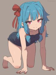 1girl all_fours barefoot blue_hair feet highres kotonoha_aoi loli looking_at_viewer pink_eyes school_swimsuit semicolonize smile solo swimsuit toes voiceroid