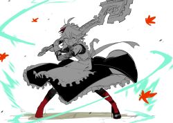 Rule 34 | 1boy, alternate costume, apron, closed eyes, commentary request, crossdressing, crossed bangs, dress, enmaided, frilled apron, frills, genshin impact, high heels, highres, holding, holding weapon, juliet sleeves, kaedehara kazuha, leaf, limited palette, long sleeves, maid, maid headdress, male focus, maple leaf, monochrome, open mouth, pantyhose, puffy sleeves, red pantyhose, saba 77, solo, weapon, wind