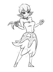 1girl absurdres braid breasts choker cleavage collarbone controller dolphin_emulator game_console game_controller highres holding holding_controller holding_game_controller long_hair looking_at_viewer medium_breasts monochrome nintendo personification shirt shoes sketch skirt smile soandnb standing strapless tube_top wii wii_nunchuk wii_remote