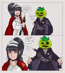 2girls 2koma black_hair closed_mouth comic english_text female_focus fingerless_gloves gloves grey_eyes hand_up highres japanese_clothes long_hair magadori_kyoshika mask mask_on_head multiple_girls oosuzuki_kurara open_mouth outstretched_arms smile speech_bubble teeth the_hundred_line_-last_defense_academy- tomato tongue upper_body upper_teeth_only white_background