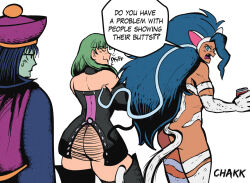 3girls angry animal_ears animal_hands ass ass_cutout ass_focus blue_eyes blue_hair cat_ears cat_tail chakkrx clothing_cutout dark-skinned_female dark_skin darkstalkers english_text fang felicia_(darkstalkers) green_hair hat highres hsien-ko long_hair long_sleeves looking_back morrigan_aensland multiple_girls muscular_arms nude purple_hair revealing_clothes short_hair tail thighhighs thong very_long_hair white_background