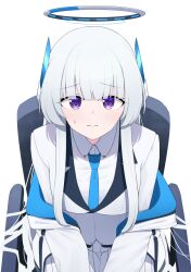 Rule 34 | 1girl, blue archive, blue necktie, blunt bangs, chair, closed mouth, collared shirt, halo, headgear, highres, jacket, jacket partially removed, long hair, looking at viewer, mechanical halo, necktie, noa (blue archive), office chair, purple eyes, shirt, sidelocks, simple background, sitting, skirt, solo, sweat, swivel chair, watakaze, white background, white hair, white halo, white jacket, white shirt, white skirt