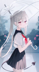 1girl absurdres black_sailor_collar black_skirt blurry blurry_background blush breasts commentary demon_tail grey_hair highres holding holding_umbrella long_hair looking_at_viewer neckerchief original outdoors rain red_eyes red_neckerchief sailor_collar school_uniform shirt short_sleeves skirt small_breasts solo tail transparent transparent_umbrella twintails umbrella usagi_(786113654) white_hair white_shirt