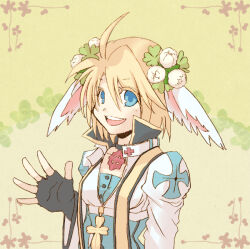1girl ahoge animal_ears arch_bishop_(ragnarok_online) black_choker black_gloves blonde_hair blue_coat blue_eyes breasts choker coat commentary_request cropped_jacket cross cross_choker cross_necklace cross_of_prontera crossdressing fingerless_gloves floppy_ears flower gloves hair_flower hair_ornament jacket jewelry long_sleeves looking_at_viewer necklace open_mouth rabbit_ears rabbit_girl ragnarok_online reverse_trap small_breasts smile solo upper_body white_flower white_jacket yukimushi