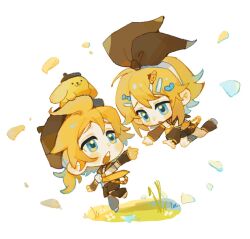 1boy 1girl 1other beret blue_eyes blush boots bow bow_hairband brown_bow brown_hat brown_sailor_collar brown_shorts brown_sleeves chibi detached_sleeves dot_nose flower full_body grass hair_bow hair_ornament hairband hairclip hairpin hat highres kagamine_len kagamine_rin long_sleeves looking_at_another makeup medium_hair necktie nose_blush open_mouth pleated_skirt pompompurin rouge_(makeup) sailor_collar sanrio shorts sidelocks skirt suuroku teeth upper_teeth_only vocaloid white_background white_flower yellow_necktie