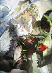 2girls black_sclera blonde_hair blue_eyes breasts cleavage colored_sclera demon_horns diabellstar_the_black_witch diabellstar_vengeance diabellze_the_original_sinkeeper diabellze_the_white_witch dress duel_monster genyaky green_eyes green_hair hand_on_another&#039;s_back hat highres horns large_breasts long_hair looking_at_another midriff multicolored_hair multiple_girls ponytail purple_hair smile streaked_hair teeth wide_sleeves wings witch_hat yu-gi-oh!