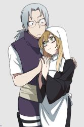 1boy 1girl apron bad_id bad_pixiv_id bidarian black_dress blonde_hair closed_mouth dress green_eyes grey_background grey_eyes grey_hair long_hair long_sleeves naruto_(series) naruto_shippuuden ninja pants ponytail purple_pants purple_shirt round_eyewear shirt simple_background smile veil waist_apron white_apron wide-eyed yakushi_kabuto yakushi_nonou