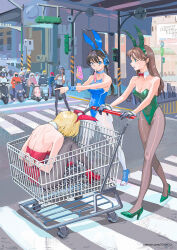 Rule 34 | 3girls, amatiz, animal ears, arms behind back, bare shoulders, black pantyhose, blonde hair, blue choker, blue eyes, blue leotard, bound, bound arms, bow, bowtie, breasts, brown hair, choker, crosswalk, cuffs, detached collar, fake animal ears, green eyes, green leotard, handcuffs, high heels, highres, in shopping cart, leotard, long hair, looking at another, low twintails, medium breasts, multiple girls, original, pantyhose, playboy bunny, rabbit ears, red bow, red bowtie, red leotard, restrained, shopping cart, twintails, very long hair, walking, white pantyhose