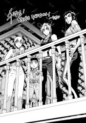 1boy 3girls arm_tattoo armband baseball_cap bun_with_braided_base child commentary_request cup disposable_cup double_bun dreadlocks drinking emporio_alnino ermes_costello foo_fighters_(jojo) forehead_tattoo greyscale hair_bun hat highres holding holding_cup jeonjin_(mynamebazin) jojo_no_kimyou_na_bouken korean_commentary korean_text kuujou_jolyne monochrome multicolored_hair multiple_girls overalls railing stone_ocean tattoo translation_request two-tone_hair vest