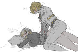 1boy 1girl belt black_belt black_sweater blonde_hair blush breasts closed_eyes faust_(project_moon) full-face_blush gauntlets heart hetero hugging_object large_breasts limbus_company n_corp._fanatic_(identity)_(project_moon) ohzv open_mouth pants pillow pillow_hug project_moon ribbed_sweater sex shirt short_hair sinclair_(project_moon) spoken_heart sweat sweater white_pants white_shirt