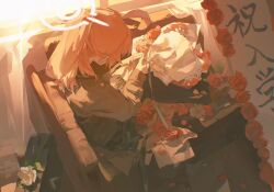 1girl ahoge alternate_costume blue_archive bucket commentary_request flower halo highres holding holding_bucket indoors pink_hair ponytail sitting tagme yu-y_(824412)