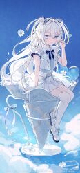 1girl :o armlet black_armlet black_ribbon blonde_hair blue_background blue_bow blue_ribbon blue_shirt blue_sky border bow cloud collar colored_mouth cropped_jacket cross-laced_shoes crossed_bangs crystal diamond_hair_ornament double-parted_bangs flower flying footwear_bow frilled_collar frills full_body garter_straps gold_trim hair_between_eyes hair_bow hair_intakes hair_ornament hair_ribbon haku_(kumorimuu) heart heart_hair_ornament holding holding_spoon ice_cream_cone jewelry kumorimuu long_hair looking_at_viewer multicolored_eyes multicolored_hair neck_ribbon original oversized_food oversized_object parted_lips pink_border pink_eyes pleated_skirt ribbon see-through_frills shirt shoes short_sleeves sitting sitting_on_food skirt sky solo spoon star_(symbol) streaked_hair thighhighs twitter_username two-tone_eyes two-tone_hair two_side_up very_long_hair white_background white_collar white_flower white_hair white_shoes white_skirt white_thighhighs wrist_bow wrist_ribbon