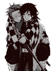 Rule 34 | 2boys, bandage over one eye, bandaged head, bandages, belt, black hair, black jacket, black pants, carrying, checkered haori, closed eyes, demon slayer uniform, dirty, dirty face, earrings, greyscale, hanafuda earrings, haori, holding, holding sword, holding weapon, injury, jacket, japanese clothes, jewelry, kamado tanjirou, katana, kimetsu no yaiba, long hair, male focus, monochrome, multiple boys, pants, parted bangs, parted lips, piggyback, short hair, sinba (ying-hua), sword, tomioka giyuu, weapon, white background, white belt