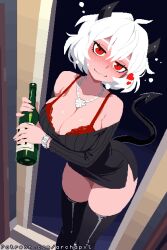 Rule 34 | 1girl, archapxl, artist name, bent over, black hair, black horns, blush, bottle, bra, breasts, cleavage, commentary, demon, demon girl, demon horns, demon tail, drunk, english commentary, heart, helltaker, highres, holding, holding bottle, horns, jewelry, large breasts, looking at viewer, malina (helltaker), necklace, pixel art, red bra, red eyes, short hair, slit pupils, standing, tail, twitter username, underwear, watch, watermark, wavy mouth, web address, white hair, wine bottle