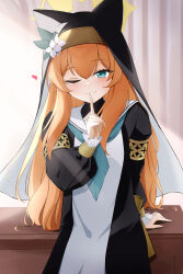 1girl absurdres animal_ear_headwear aonossco black_jacket blue_archive blue_eyes blue_neckerchief blush closed_mouth dress fake_animal_ears finger_to_mouth hair_between_eyes highres jacket long_hair looking_at_viewer mari_(blue_archive) neckerchief nun one_eye_closed orange_eyes shushing sidelocks smile solo white_dress