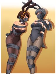 2girls absurdres arms_behind_back bdsm bondage bound bound_together collarbone gag gagged highres improvised_gag multiple_girls peril ryner-e sakurajima_mai seishun_buta_yarou shibari suzumiya_haruhi tape tape_bondage tape_gag taped_arms taped_fingers taped_hands taped_legs tied_up_(nonsexual)