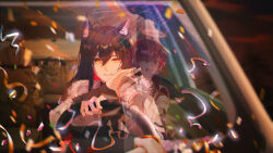 2girls ;d absurdres aerial_fireworks animal_ear_fluff animal_ear_piercing animal_ears arknights black_hair car_interior confetti day evening exusiai_(arknights) fingernails fireworks fur-trimmed_jacket fur_trim hair_between_eyes halo highres jacket long_hair looking_at_viewer multiple_girls official_alternate_costume one_eye_closed open_mouth orange_halo outdoors red_hair reflection short_hair smile steering_wheel streamers texas_(arknights) texas_(winter_messenger)_(arknights) thewintermarket traditional_halo uneven_eyes white_jacket wolf_ears wolf_girl yellow_eyes