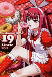 1girl 2012 absurdres apron beatmania_iidx beatmania_iidx_19_lincle bemani breasts donut eating food goli_matsumoto hair_ornament highres long_hair maid_apron official_art pink_hair rabbit_hair_ornament red_eyes sidelocks sitting small_breasts solo thighs umegiri_ameto