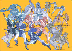 Rule 34 | 1girl, absurdres, arm guards, back, bare shoulders, braid, braided ponytail, breasts, choker, cleavage, closed mouth, dead or alive, edoya inuhachi, fighting, fighting stance, hair down, hair ribbon, highres, japanese clothes, kasumi (doa), kicking, long hair, looking at viewer, looking to the side, multiple views, ninja, open mouth, panties, pantyshot, pelvic curtain, ponytail, ribbon, sash, shin guards, short sword, solo, sword, thighhighs, underwear, wakizashi, weapon, yellow background