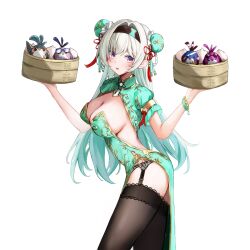 1girl absurdres alternate_costume bamboo_steamer black_garter_belt black_garter_straps black_hairband black_thighhighs bracelet breasts bun_cover china_dress chinese_clothes commentary cowboy_shot dana_(hapong07) double_bun dress firefly_(honkai:_star_rail) from_side garter_belt garter_straps gradient_hair green_dress green_hair grey_hair hair_bun hair_intakes hairband highres holding_bamboo_steamer honkai:_star_rail honkai_(series) jewelry lace_garter_belt large_breasts long_hair looking_at_viewer looking_to_the_side multicolored_hair parted_lips purple_eyes short_sleeves simple_background solo thighhighs two-tone_hair white_background