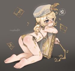 1boy anger_vein artist_name ass bare_legs barefoot bent_over beret bikini blonde_hair blush bow closed_mouth crossdressing curly_hair edgar_valden edgar_valden_(golden_ratio) embarrassed feet from_behind full_body gold_bikini gold_bow golden_spiral grey_background grey_eyes hair_bow hat hat_feather highres holding identity_v kneeling legs long_hair low_twintails male_focus nipple_slip nipples nose_blush paint paint_on_body paint_splatter paint_splatter_on_face paintbrush painting_(action) shota side-tie_bikini_bottom simple_background snugglepuff28 soles solo spoken_anger_vein string_bikini sweat swimsuit symbol-shaped_pupils thick_eyebrows toes trap twintails yellow_bikini