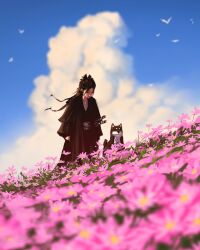 1girl animal bird black_dog black_haori black_kimono black_ribbon blue_sky blurry blurry_background blurry_foreground closed_eyes closed_mouth cloud commentary cumulonimbus_cloud depth_of_field dog english_commentary feet_out_of_frame field flower flower_field hair_ribbon haori highres japanese_clothes jewelry katana kimono long_hair long_sleeves looking_down necklace original outdoors parted_bangs pendant pink_flower ribbon sam_yang scabbard sheath sky solo standing sword v-neck weapon white_bird