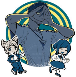 1boy 2girls backlighting chibi closed_eyes closed_mouth commentary_request cone_hair_bun eye_of_providence frilled_shirt frills fukurai_azami hair_bun hand_over_eye hands_up limited_palette long_sleeves looking_at_viewer meguriya_ayumu multiple_girls open_mouth reikop shirt short_hair short_sleeves smile solo_focus standing tomarigi_yasumi toshi_densetsu_kaitai_center triangle_hands triangle_necklace upper_body