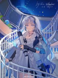 Rule 34 | 1girl, absurdres, black gloves, blue eyes, blue flower, blue hair, chinese commentary, dress, fingerless gloves, flower, girls&#039; frontline, girls&#039; frontline neural cloud, gloves, grey hair, highres, hubble (neural cloud), jewelry, necklace, observatory, rhachen, sky, solo, stairs, telescope, twitter, watermark, weibo username, weibo watermark
