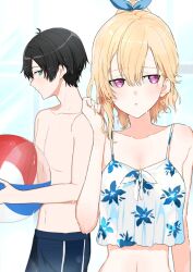Rule 34 | 1boy, 1girl, adjusting hair, asamura yuuta, ayase saki, ball, beachball, bikini, black hair, black male swimwear, blonde hair, blue bikini, blue ribbon, breasts, brother and sister, brother and step-sister, closed mouth, collarbone, commentary request, cover image, earrings, floral print bikini, gimai seikatsu, green eyes, hair ribbon, highres, holding, holding ball, holding beachball, jewelry, male swimwear, medium breasts, navel, official art, parted lips, purple eyes, ribbon, second-party source, siblings, sideways glance, step-brother and step-sister, step-siblings, swimsuit, tankini, topless male, yumika (mono zone)