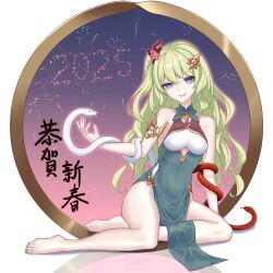 Rule 34 | 1girl, 2025, aerial fireworks, alternate costume, barefoot, breasts, china dress, chinese clothes, chinese zodiac, commentary request, covered navel, dress, feet, fireworks, flower, ggg, green dress, green hair, hair flower, hair ornament, highres, honkai (series), honkai impact 3rd, long hair, mobius (honkai impact), nail polish, parted lips, red snake, slit pupils, small breasts, smile, snake, snake wrapped around arm, solo, thighs, toenail polish, toenails, toes, translation request, white background, white snake, year of the snake