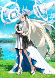 1girl blue_sky cloud cloudy_sky dress fate/grand_order fate_(series) flower grass hat hat_flower lake long_hair mountainous_horizon non-web_source official_art olga_marie_animusphere orange_eyes sky takeuchi_takashi u-olga_marie u-olga_marie_(first_ascension) very_long_hair water white_dress white_hair white_hat