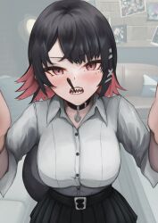 1girl absurdres black_hair breasts ellen_joe food food_in_mouth hair_ornament hairclip highres large_breasts looking_at_viewer mole mole_under_eye multicolored_hair ohal open_mouth pleated_skirt pocky pocky_in_mouth purple_eyes red_hair school_uniform sharp_teeth short_hair skirt solo teeth two-tone_hair zenless_zone_zero