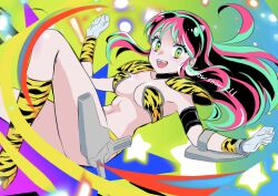 1girl animal_print aqua_hair armor boots breasts cleavage fang feet_out_of_frame floating green_eyes highres horns long_hair looking_at_viewer lum medium_breasts midriff multicolored_hair open_mouth pink_hair print_boots print_shirt print_wristband revealing_clothes shirt shoulder_armor sidelocks smile snow_(snowsnow211) solo tiger_print twintails two-tone_hair urusei_yatsura vambraces yellow_boots yellow_shirt