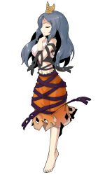 Rule 34 | 1girl, bare shoulders, barefoot, black ribbon, blue hair, breasts, chirizuka ubame, clenched hand, closed eyes, closed mouth, commentary request, crop top, dairi, from side, frown, full body, hand on own chest, highres, large variant set, light frown, long hair, medium breasts, navel, orange skirt, purple ribbon, ribbon, ribbon around body, simple background, skirt, solo, standing, standing on one leg, stomach, tachi-e, tank top, tiara, touhou, transparent background, variant set, white tank top