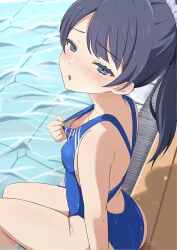 1girl ass bare_arms bare_legs black_hair blue_eyes blush breasts collarbone competition_swimsuit flashing from_above hair_ornament hair_scrunchie hair_up half-closed_eyes highres link!_like!_love_live! long_hair looking_at_viewer love_live! mole mole_on_neck murano_sayaka nipples one-piece_swimsuit parted_lips ponytail pool scrunchie shadow sitting small_breasts swimsuit water wet zanpon