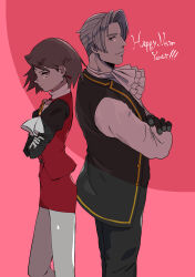 1boy 1girl absurdres ace_attorney back-to-back bow bowtie brown_hair earrings formal_clothes franziska_von_karma genderswap highres jewelry miles_edgeworth red_suit suit white_bow white_bowtie xmartieisgood