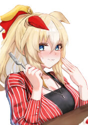 1girl absurdres animal_ears black_tank_top blonde_hair blue_eyes blush breasts cleavage closed_mouth commentary_request durandal_(umamusume) ear_covers ears_down fork hair_between_eyes highres holding holding_fork horse_ears horse_girl jewelry large_breasts long_hair long_sleeves looking_at_viewer multicolored_hair necklace ponytail red_shirt shirt sidelocks simple_background single_ear_cover solo streaked_hair striped_clothes striped_shirt table tank_top umamusume upper_body vertical-striped_clothes vertical-striped_shirt white_background white_hair wooden_table x_1031_xter