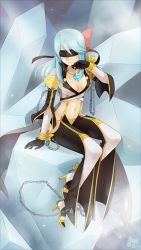 1girl bdsm blindfold blue_hair bondage boots bound bow breasts chain cleavage cuffs female_focus gloves hair_bow high_heels ice jewelry long_hair meago midriff navel necklace ragnarok_online shoes signature sitting small_breasts solo thigh_boots thighhighs warlock warlock_(ragnarok_online)