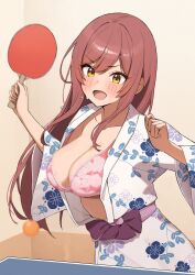 Rule 34 | 1girl, absurdres, ball, blush, bouncing breasts, bra, breasts, center opening, cleavage, commentary request, floral print, floral print kimono, hair between eyes, highres, holding, holding paddle, idolmaster, idolmaster shiny colors, japanese clothes, kimono, large breasts, long hair, open mouth, osaki amana, paddle, print kimono, red bra, red hair, smile, solo, table tennis, table tennis ball, table tennis paddle, underwear, v-shaped eyebrows, wanimaru, white kimono, wide sleeves, yellow eyes, yukata