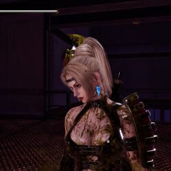 1girl 3d animated blonde_hair blue_eyes breasts cleavage dirty earrings jewelry large_breasts ninja_gaiden ninja_gaiden_2_black ponytail rachel_(ninja_gaiden) solo tagme video