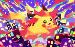 Rule 34 | artist request, building, city, dot nose, electricity, full body, gen 1 pokemon, midair, nintendo, no humans, open mouth, pikachu, pokemon, pokemon (creature), pokemon focus, pokemon tcg, second-party source, smile