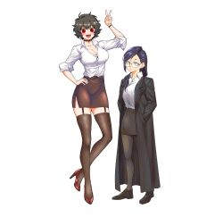 2girls :d absurdres black_choker black_coat black_hair black_pantyhose black_shoes black_skirt black_thighhighs blue_hair breasts choker cleavage closed_mouth coat collarbone commentary english_commentary fang fishnet_thighhighs fishnets full_body garter_straps glasses grey_eyes hand_on_own_hip hand_up hands_in_pockets height_difference high_heels highres kin_(senukin) large_breasts looking_at_viewer medium_hair multiple_girls open_mouth original pantyhose parted_hair pumps red_eyes senukin shirt shoes short_hair side_slit simple_background skin_fang skirt sleeves_rolled_up smile standing thighhighs v white_background white_shirt wristband