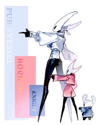 1girl 2others arm_up black_pants black_skin colored_skin highres hollow_knight hollow_knight_(character) horned_mask hornet_(hollow_knight) index_finger_raised jacket knight_(hollow_knight) long_sleeves mask multiple_others pants pink_jacket pink_shorts pointing puffy_long_sleeves puffy_sleeves rdif_hk shirt shorts simple_background white_background white_mask white_shirt